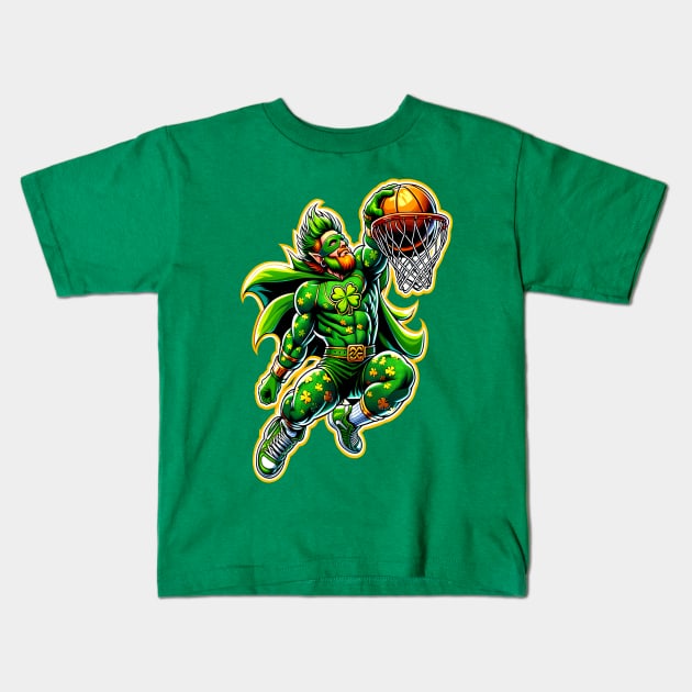 St Patrick's Day Irish Superhero Leprechaun Basketball Player Kids T-Shirt by E